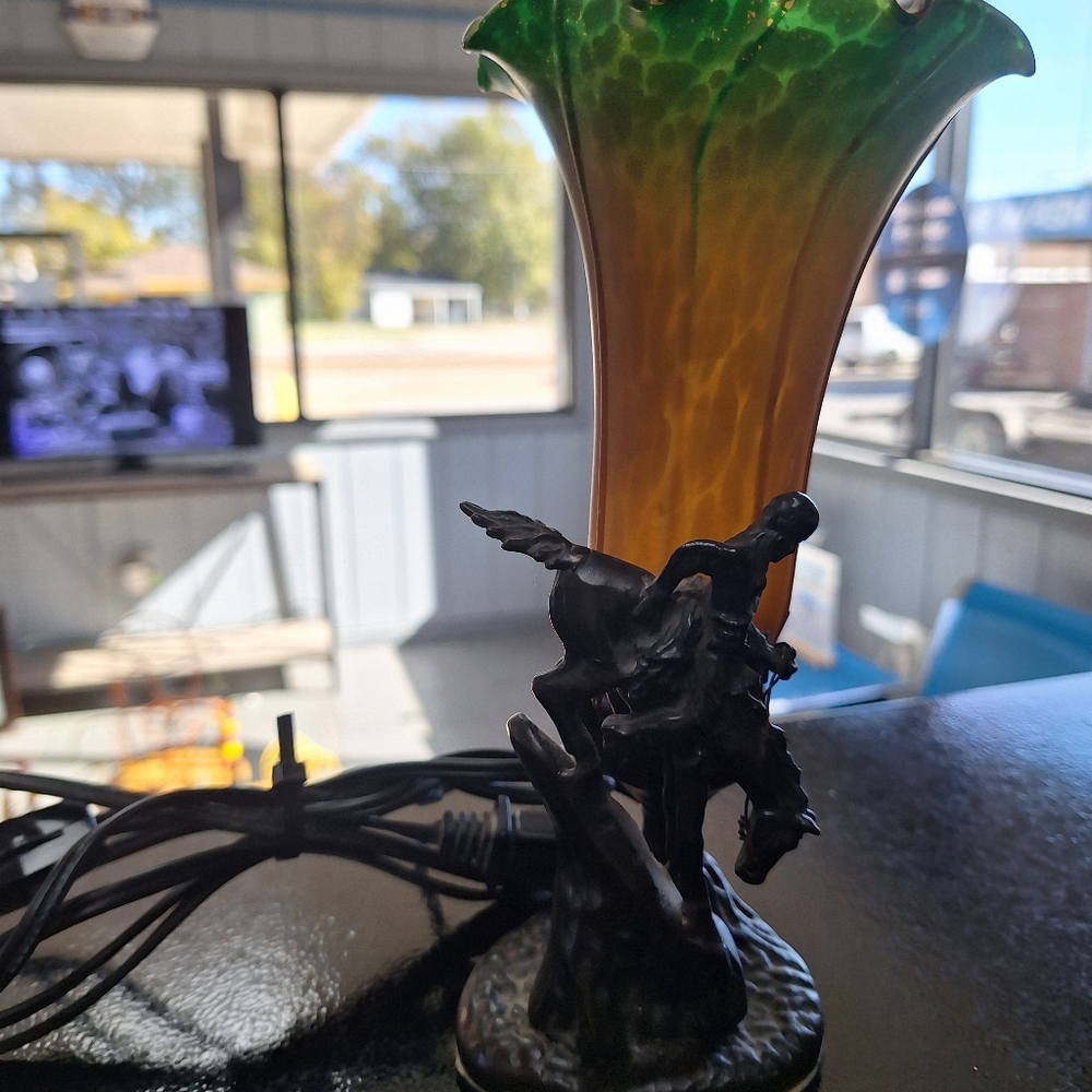 Artistic Green and Orange Glass Vase with Horse Sculpture